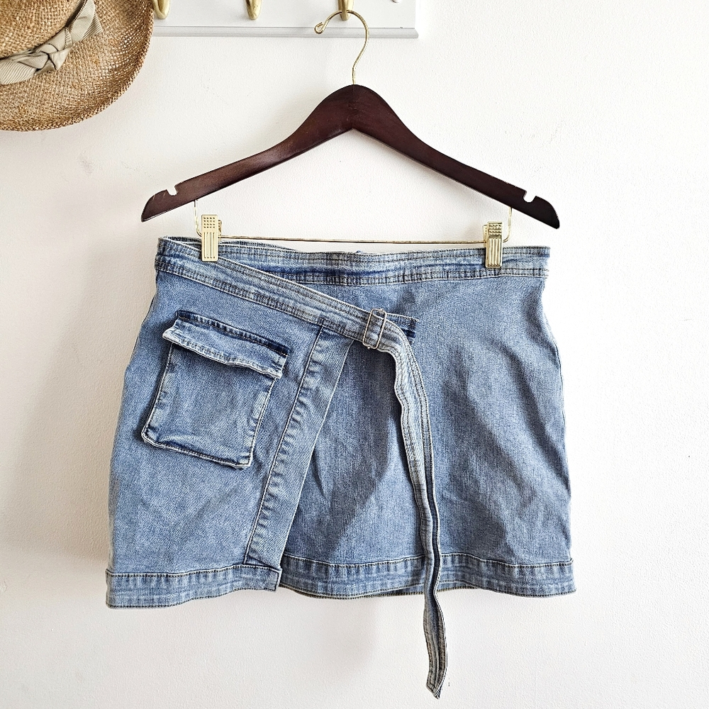 Y2K Bimbocore Jeans Asymmetrical Crisscross Belted Denim Mini Skirt Size XL